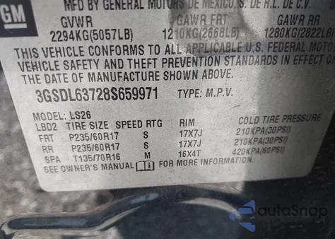 2008 Saturn Vue V6 Xr z USA, uszkodzony, nr VIN 3GSDL63728S659971